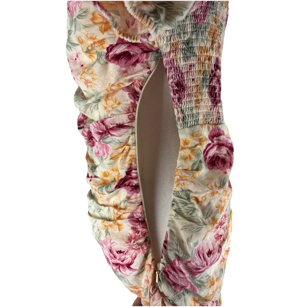 American Eagle Floral Ruched‎ Mini Dress Linen Cotton Puff Sleeve Cottagecore M